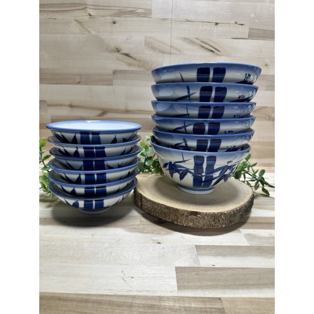 Set/12 Vintage‎ Chinese Porcelain Rice Bowls Blue & White Bamboo Motif 6 LG 6 SM